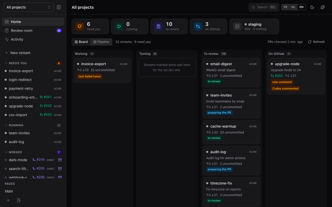 Cockpit, an internal dashboard listing open worktrees, their pull requests and Claude sessions, grouped by what needs attention